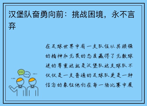 汉堡队奋勇向前：挑战困境，永不言弃